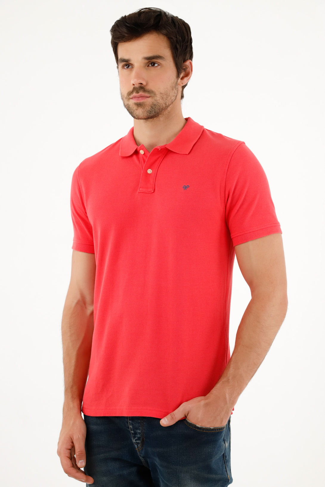 Men's Pink Polo Shirt with Multicolor Racket Design