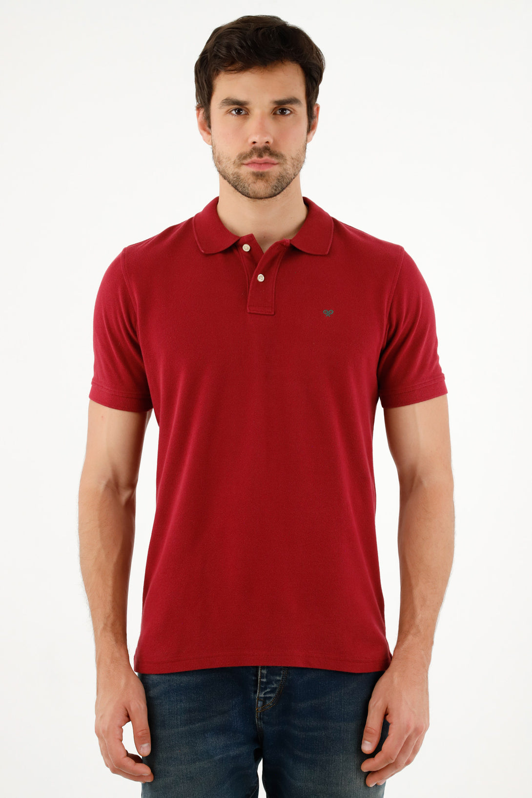 Men's Red Polo Shirt with Multicolor Racket Design