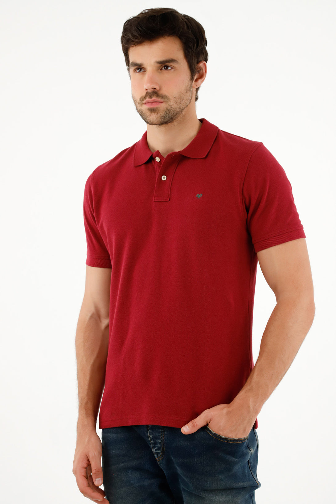 Men's Red Polo Shirt with Multicolor Racket Design