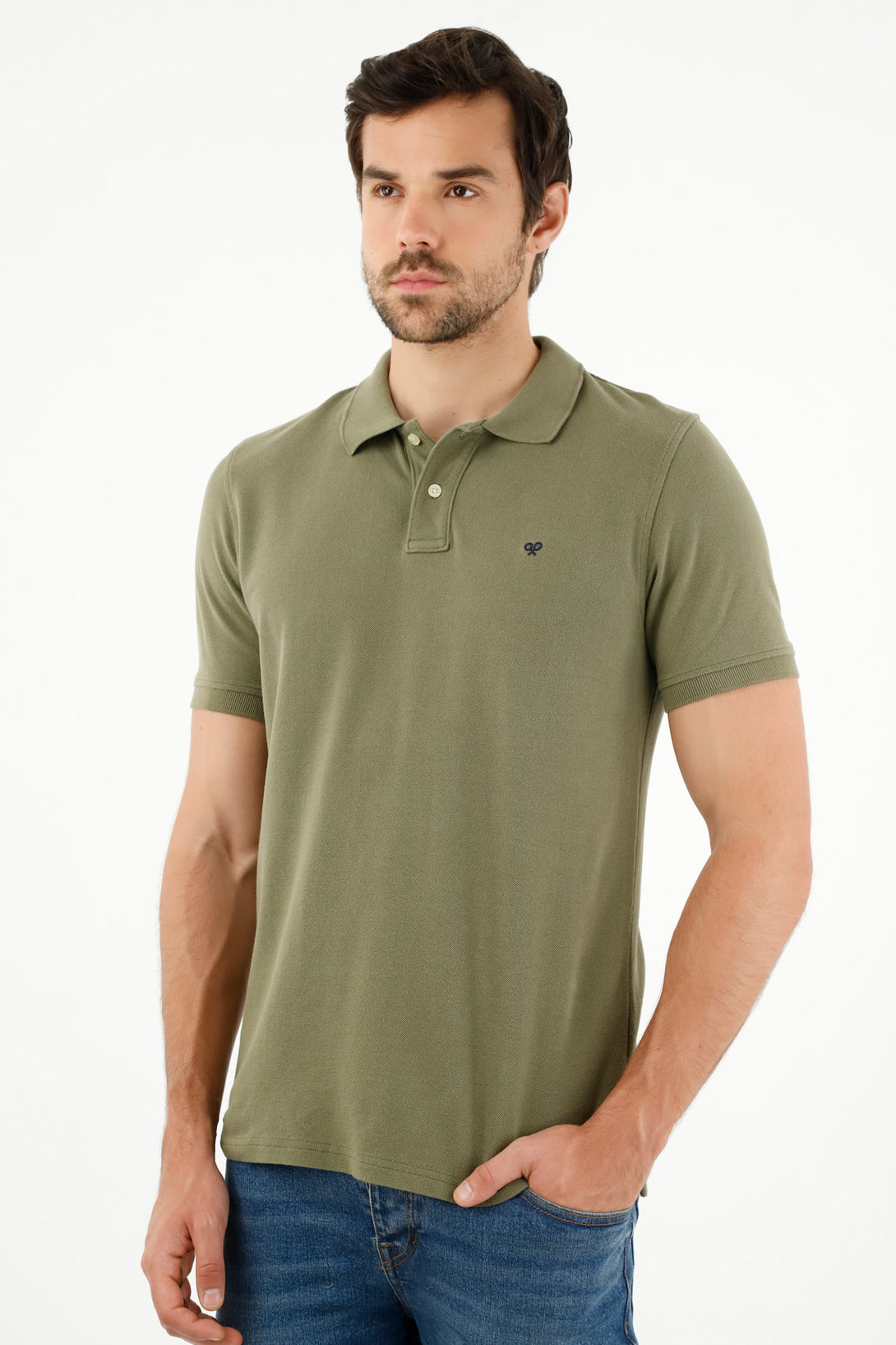 Men's Green Polo Shirt with Multicolor Racket Design