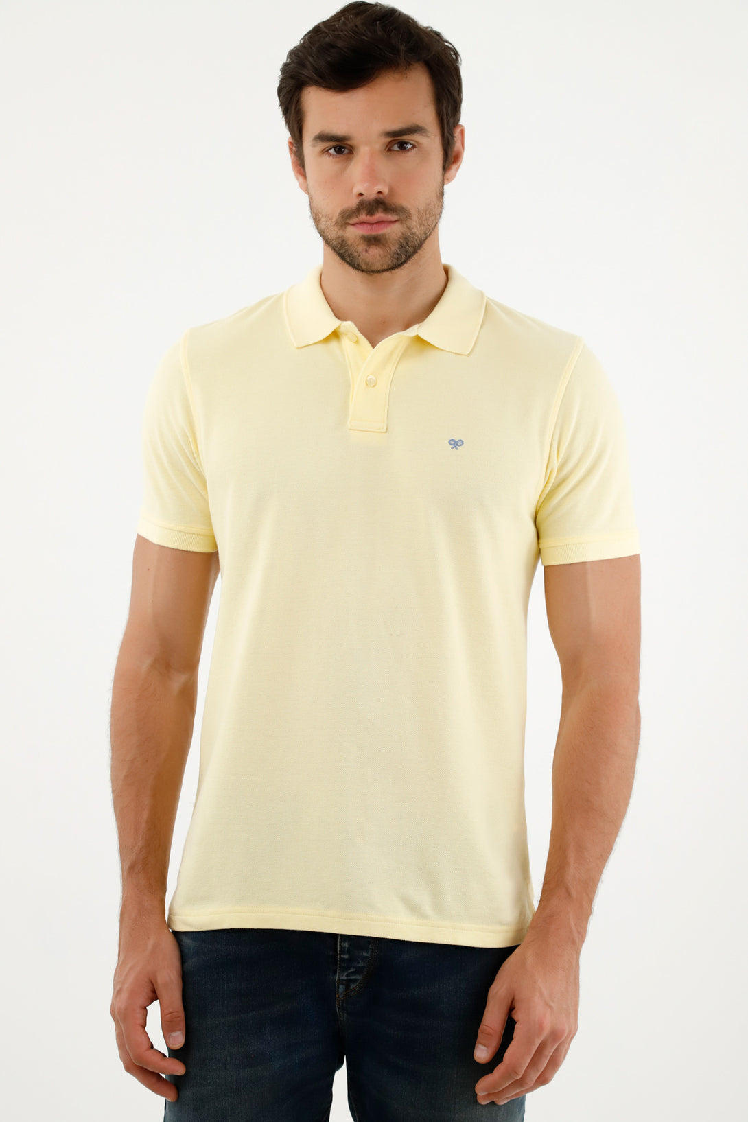 Men's Yellow Polo Shirt with Multicolor Racket Design