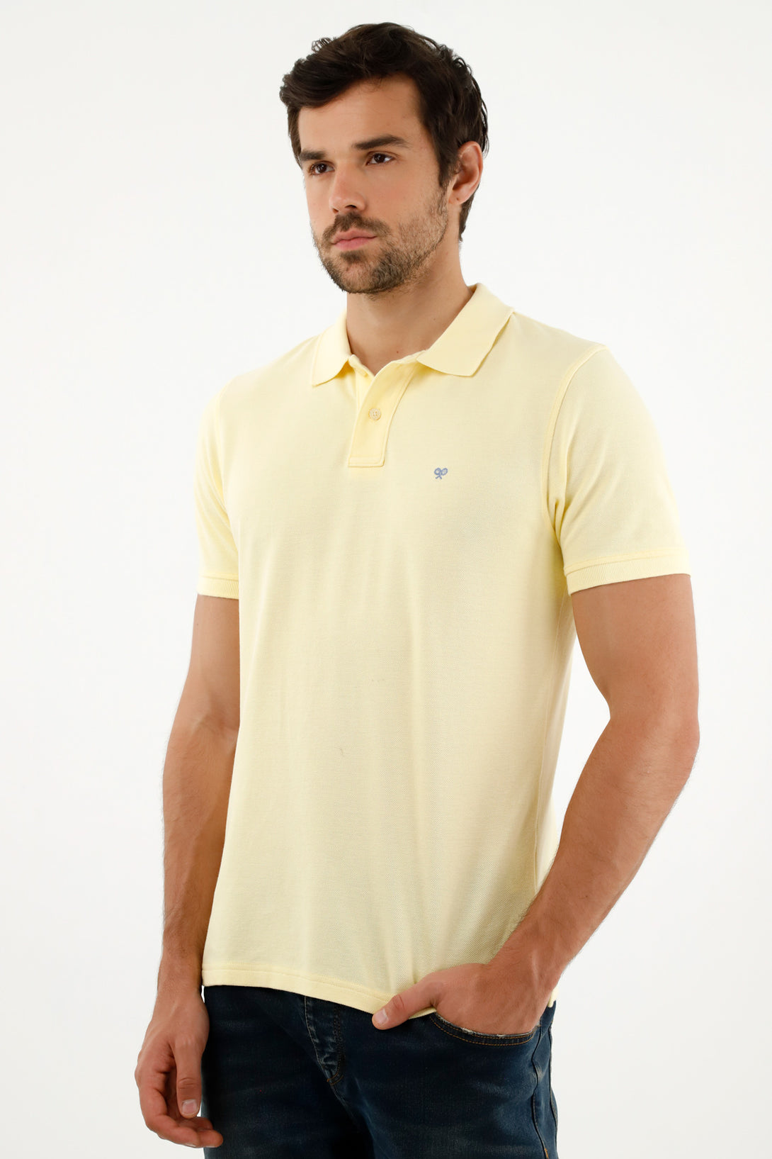 Men's Yellow Polo Shirt with Multicolor Racket Design