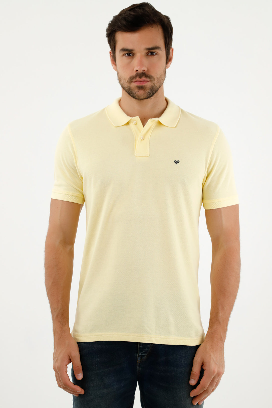 Men's Yellow Polo Shirt with Multicolor Racket Design