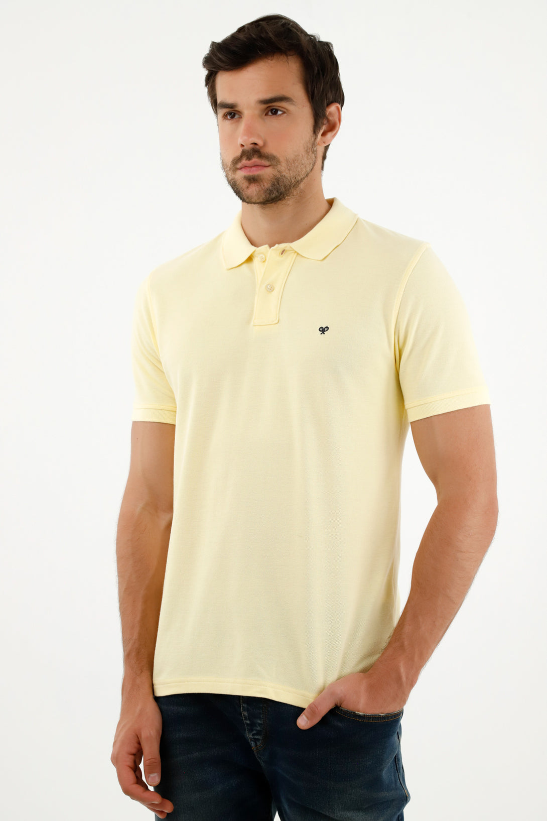 Men's Yellow Polo Shirt with Multicolor Racket Design