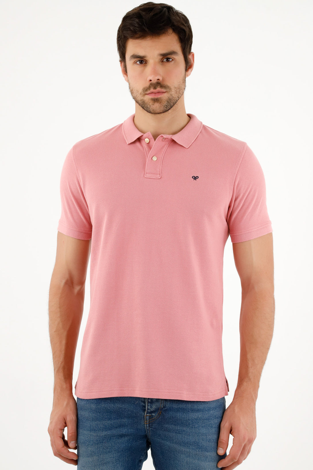 Men's Pink Polo Shirt with Multicolor Racket Design