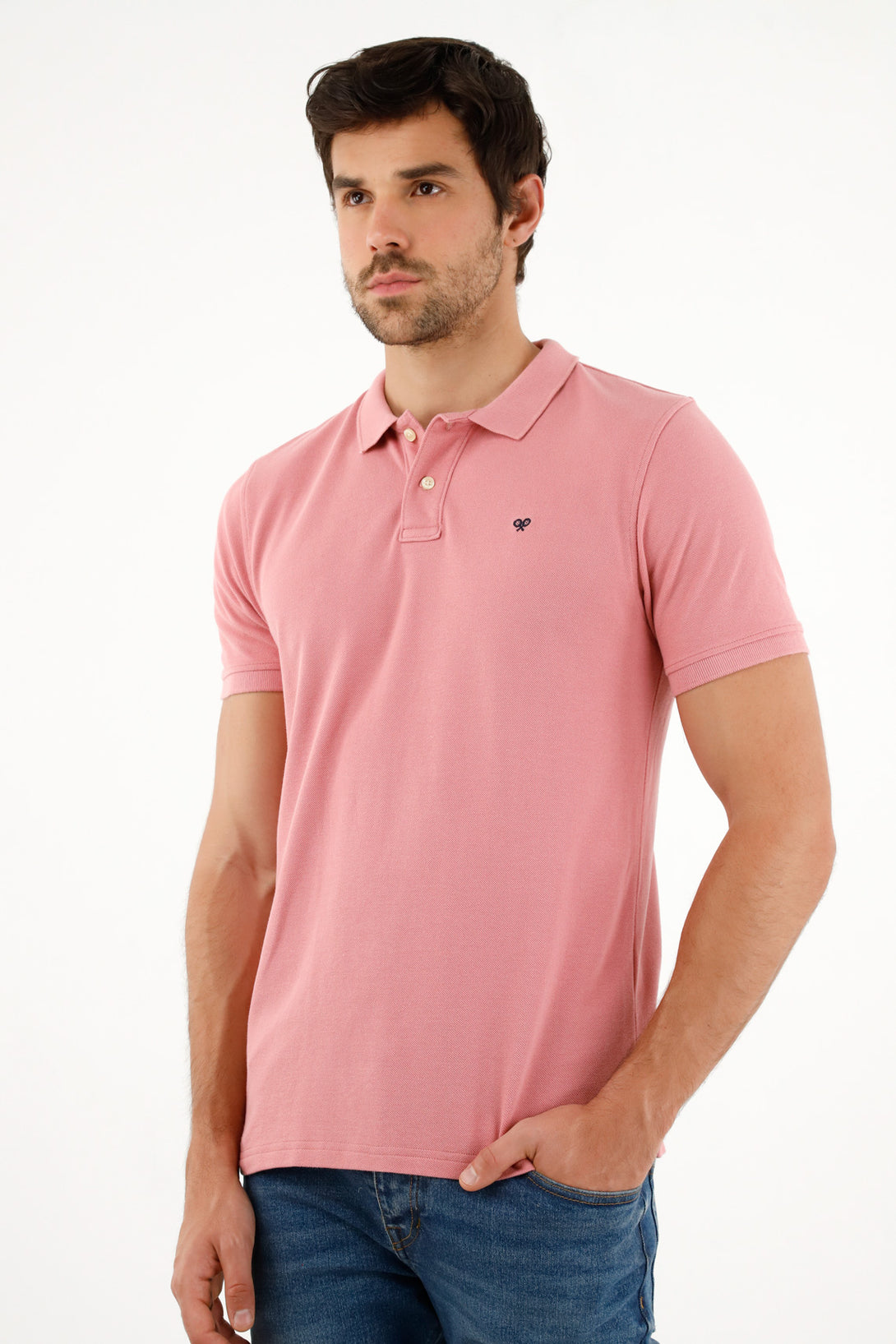 Men's Pink Polo Shirt with Multicolor Racket Design