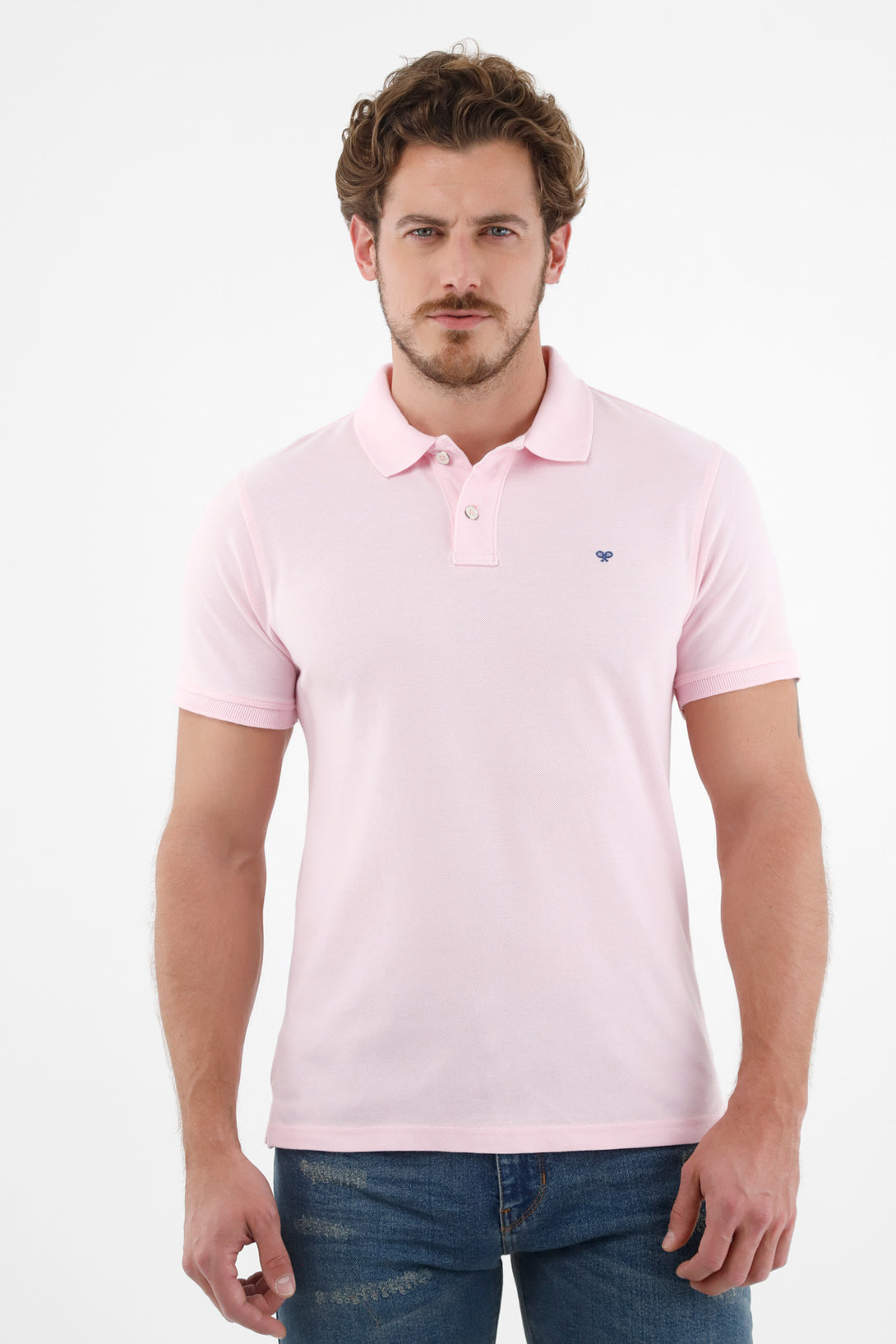 Men's Pink Polo Shirt with Multicolor Racket Design