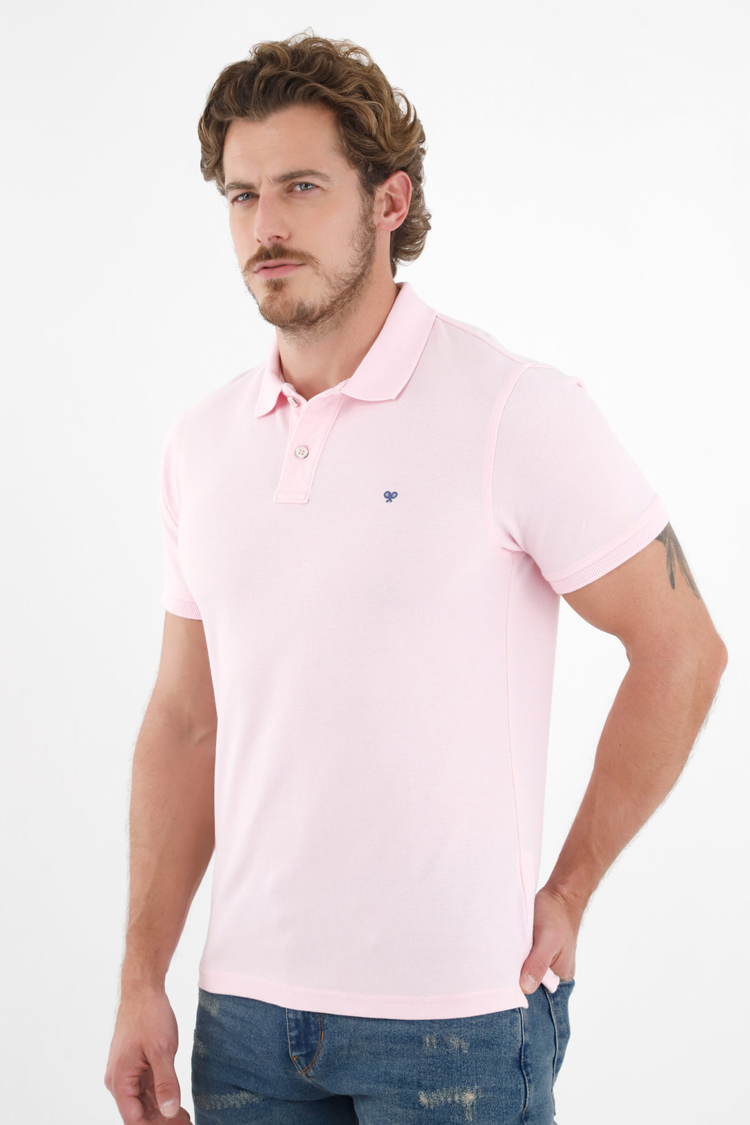 Men's Pink Polo Shirt with Multicolor Racket Design