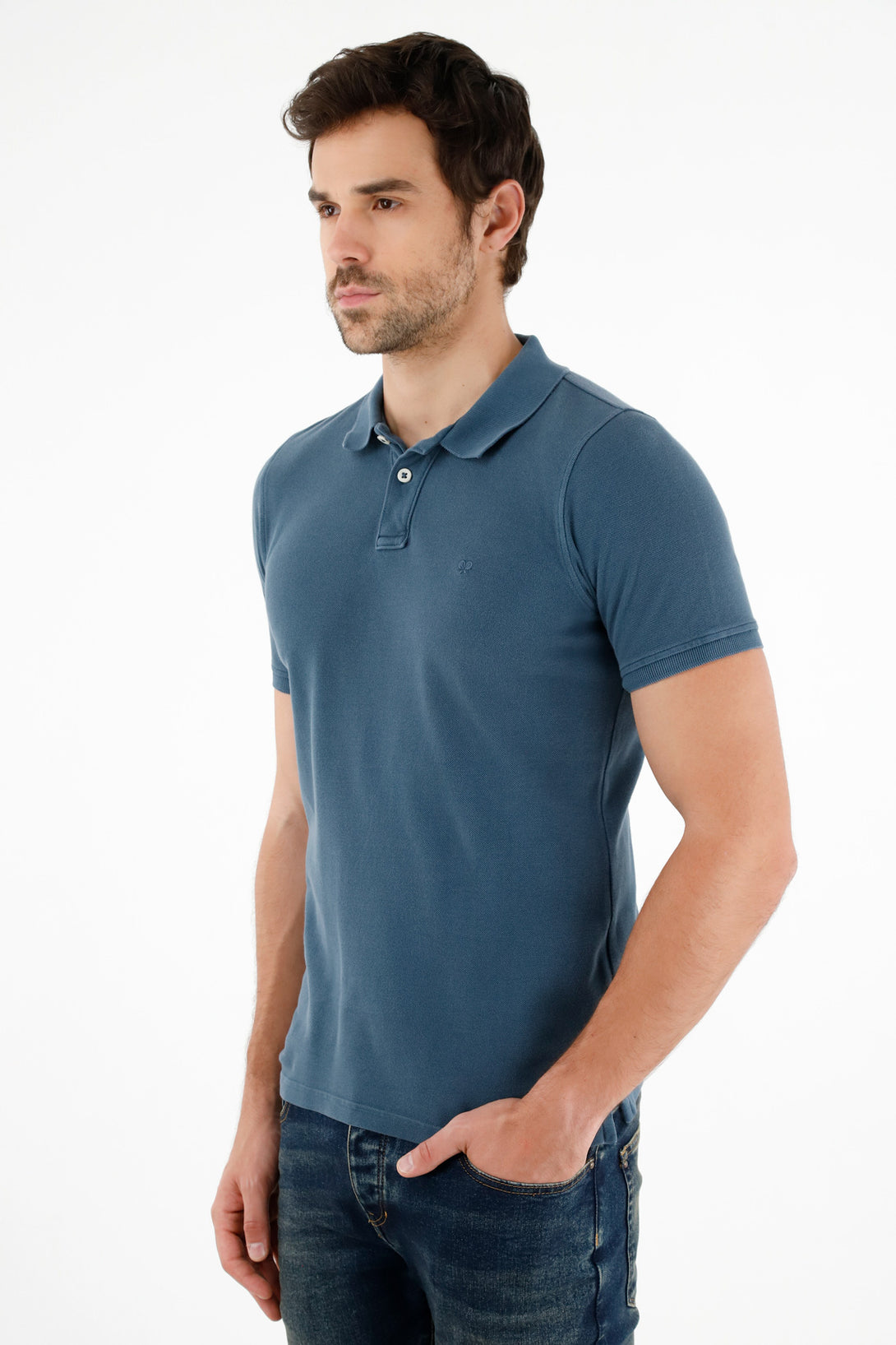 Men's Blue Polo with Embroidered Racket