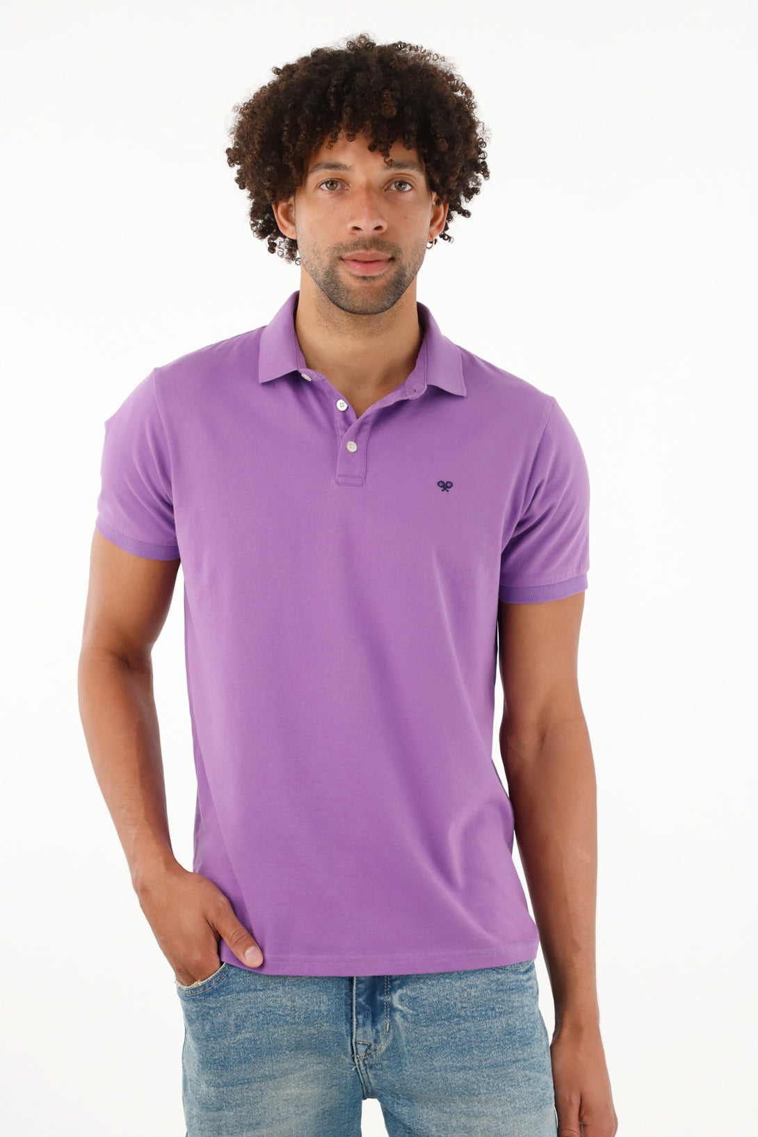 Men's purple polo with embroidered racket