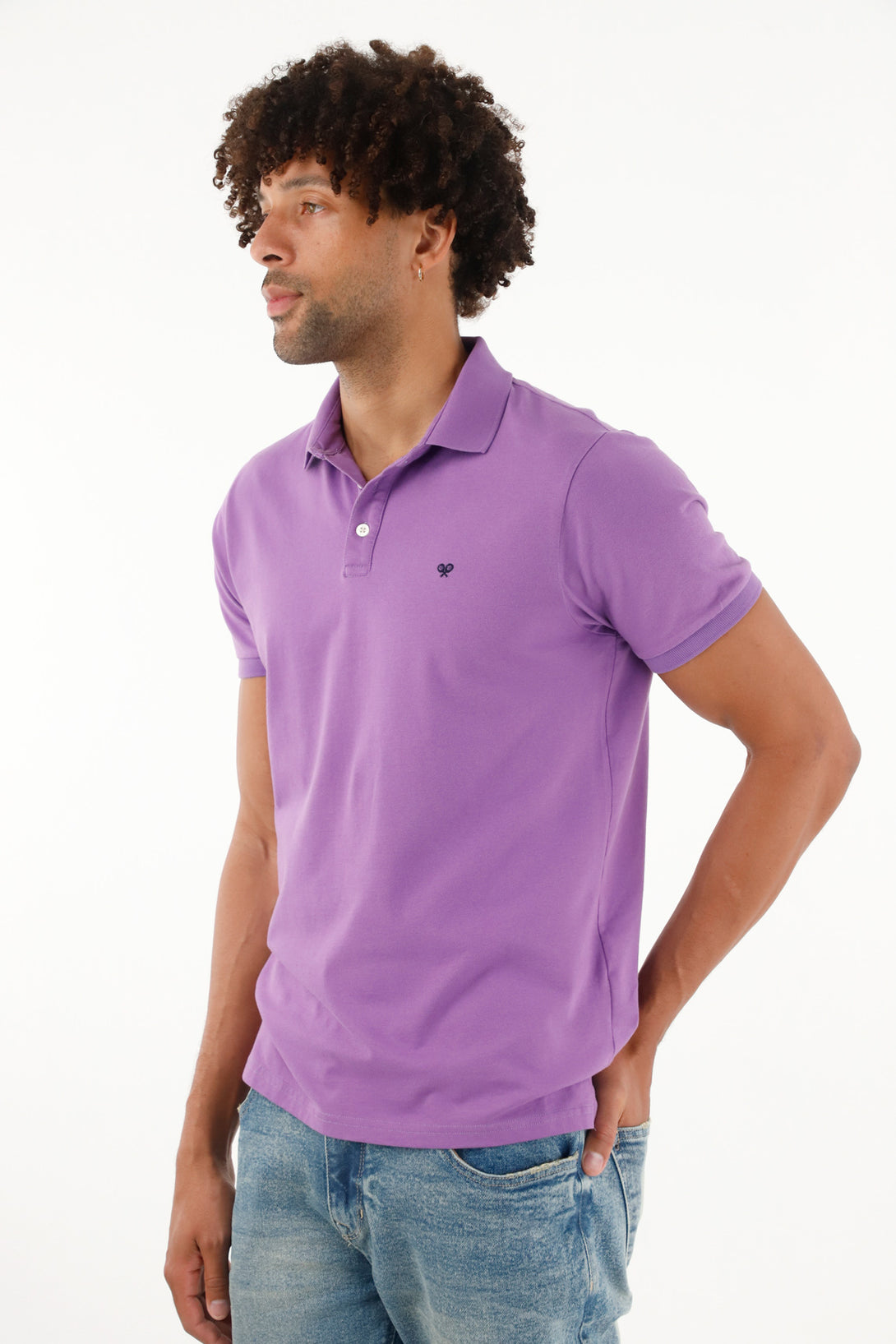 Men's purple polo with embroidered racket