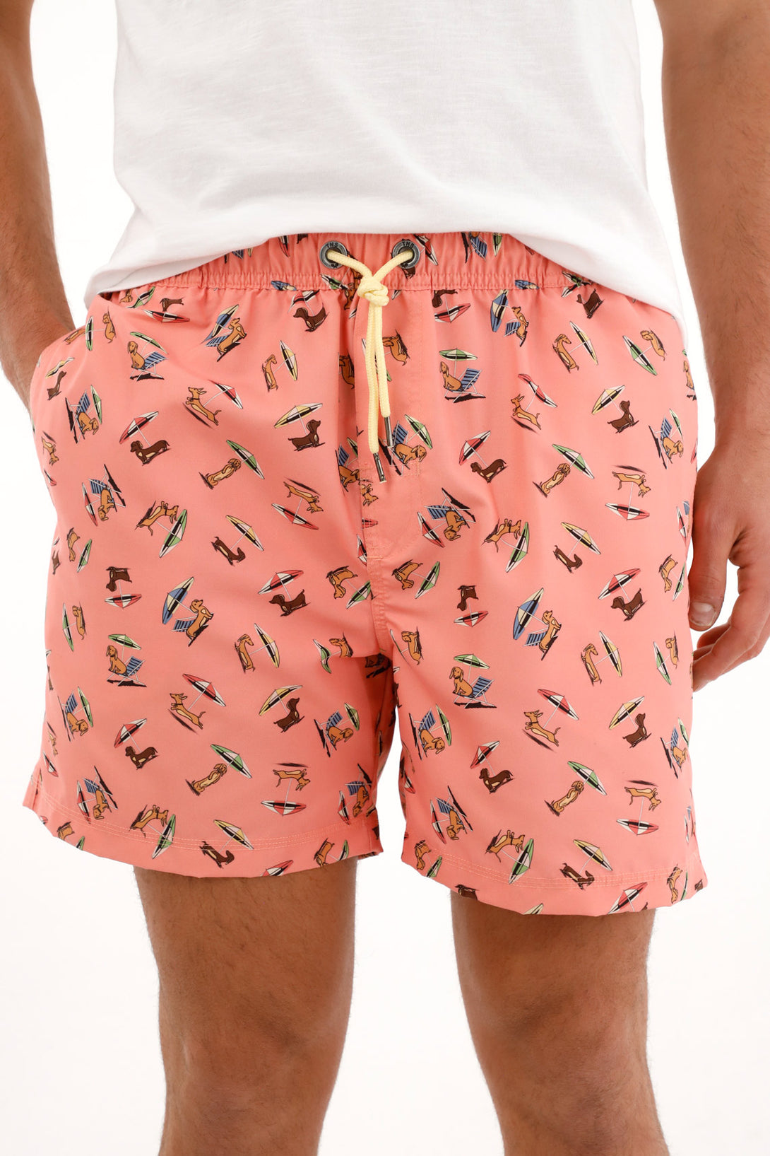 Pink swim trunks with a dachshund print for men