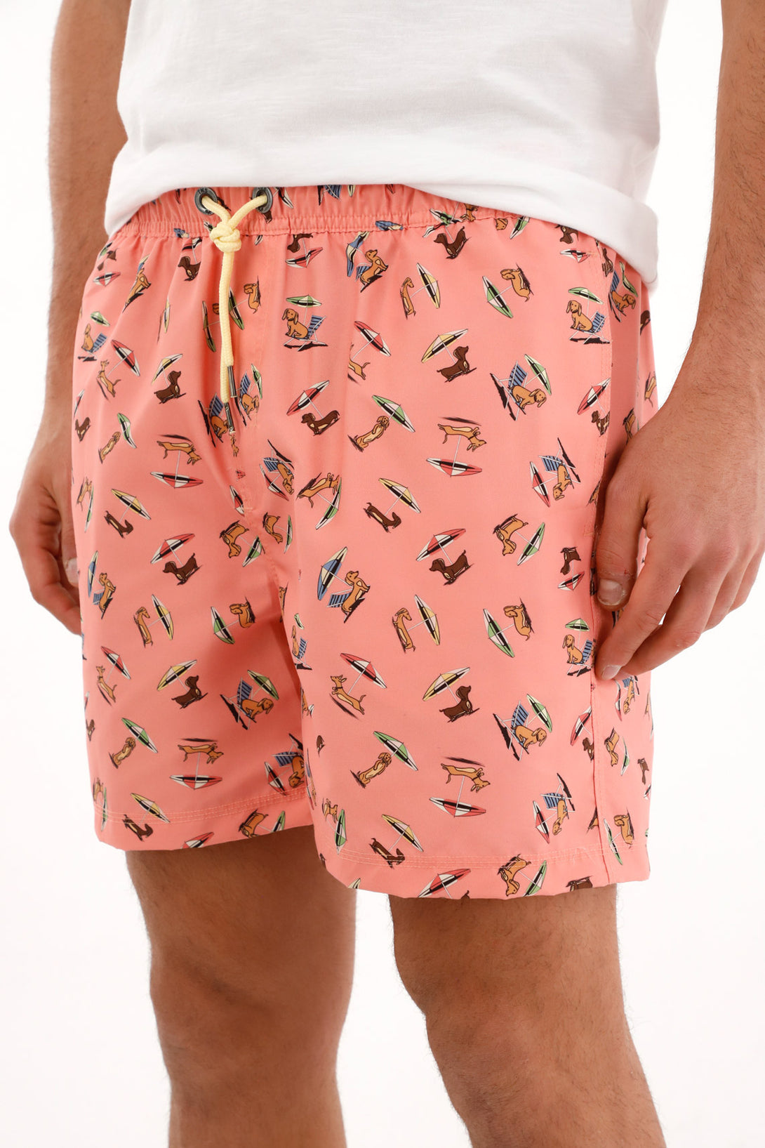 Pink swim trunks with a dachshund print for men