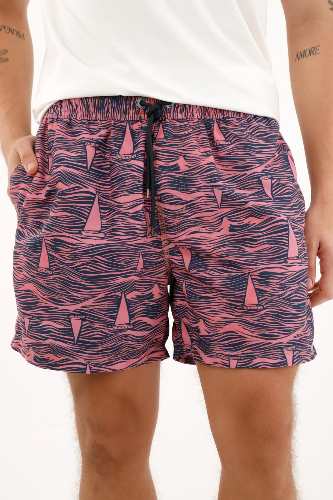 Men's pink sailboat print swim trunks