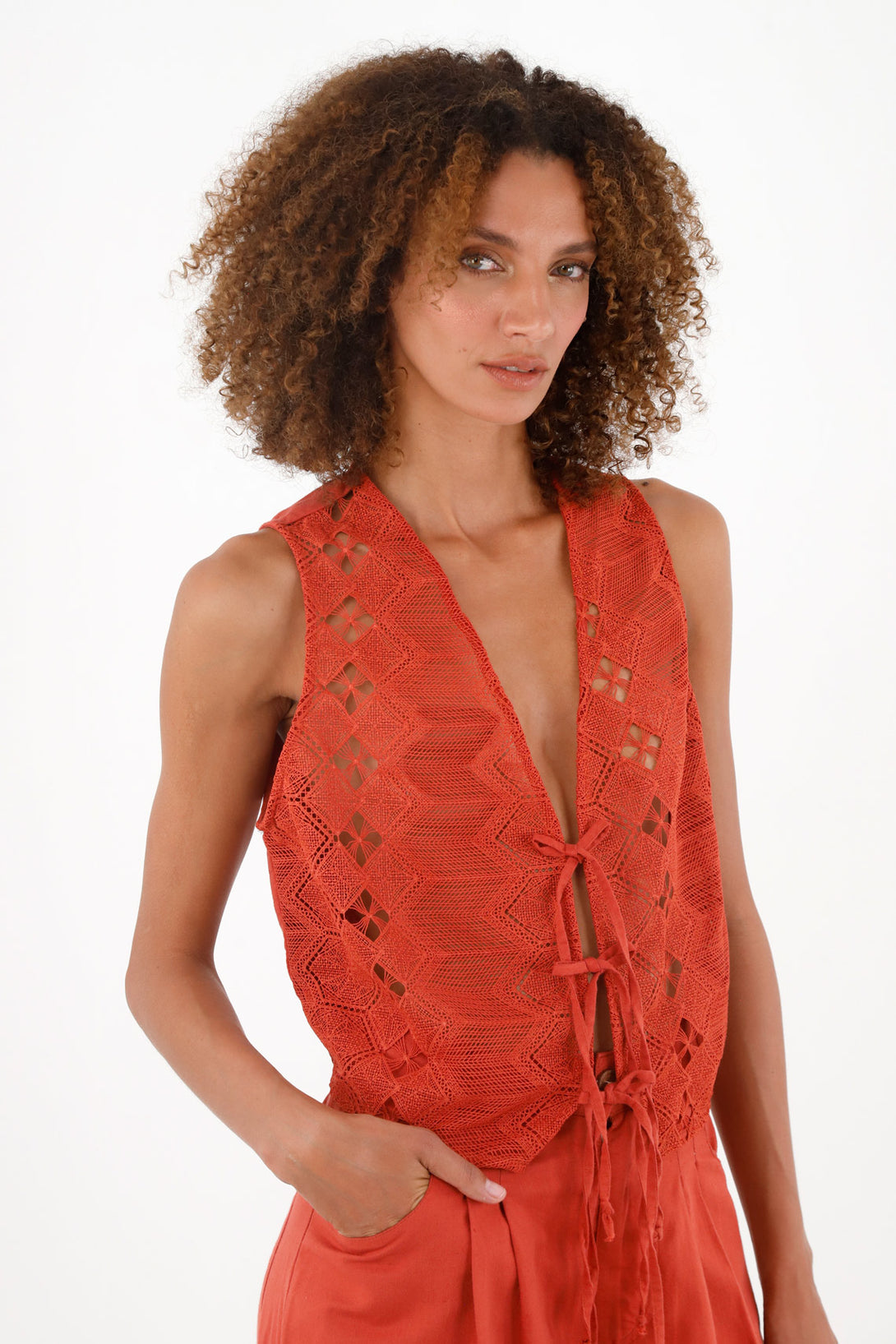 Women's Red Vest with Woven Details