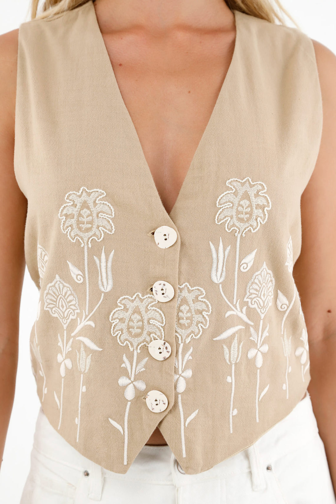 Women's Brown Vest with Embroidered-Look Details