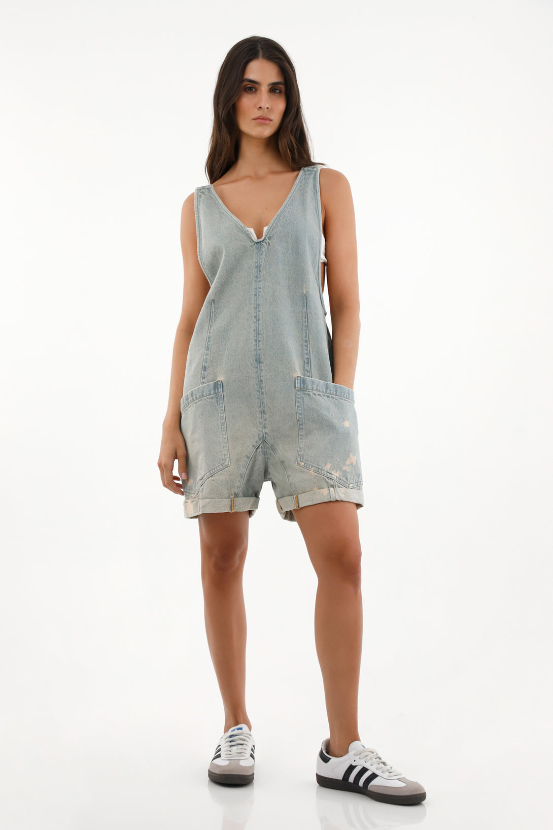 Women's Short Denim Jumpsuit with Distressed Effect