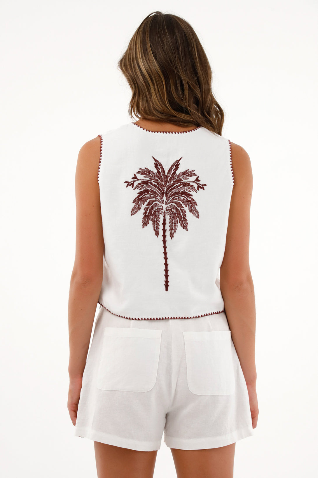 Women's White Vest with Palm Embroidery