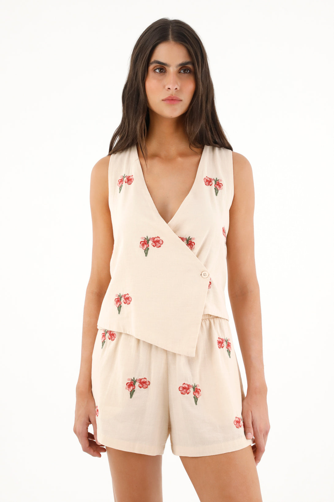 Women's cream flower-embroidered vest