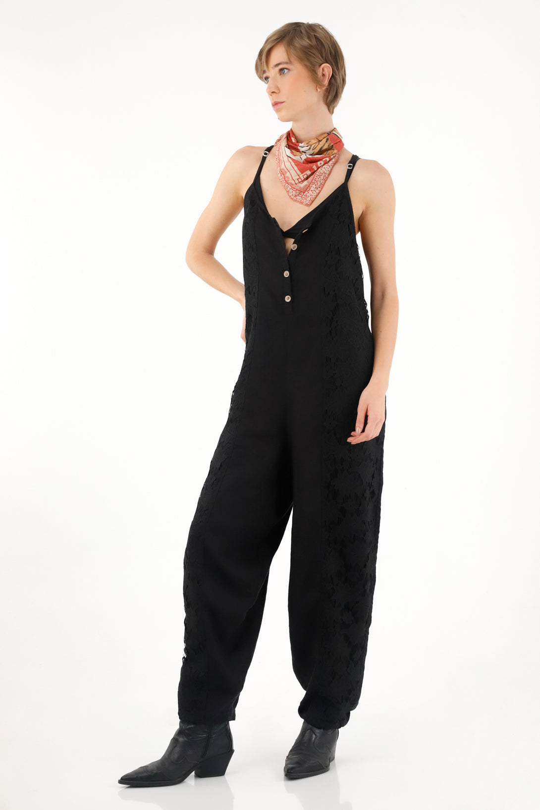 Women's overall in black with straps