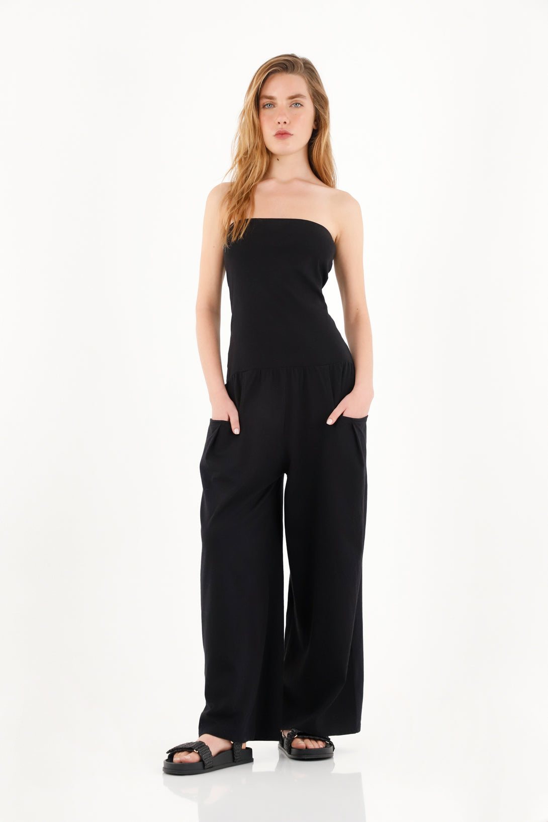 Women's Black Strapless Long Jumpsuit