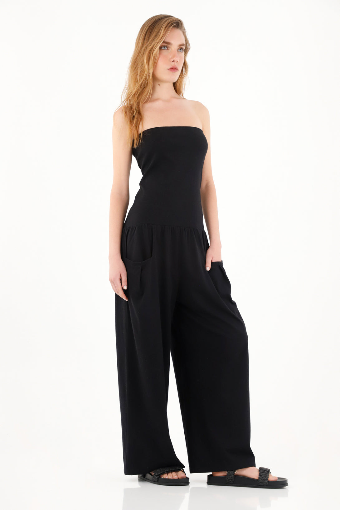 Women's Black Strapless Long Jumpsuit