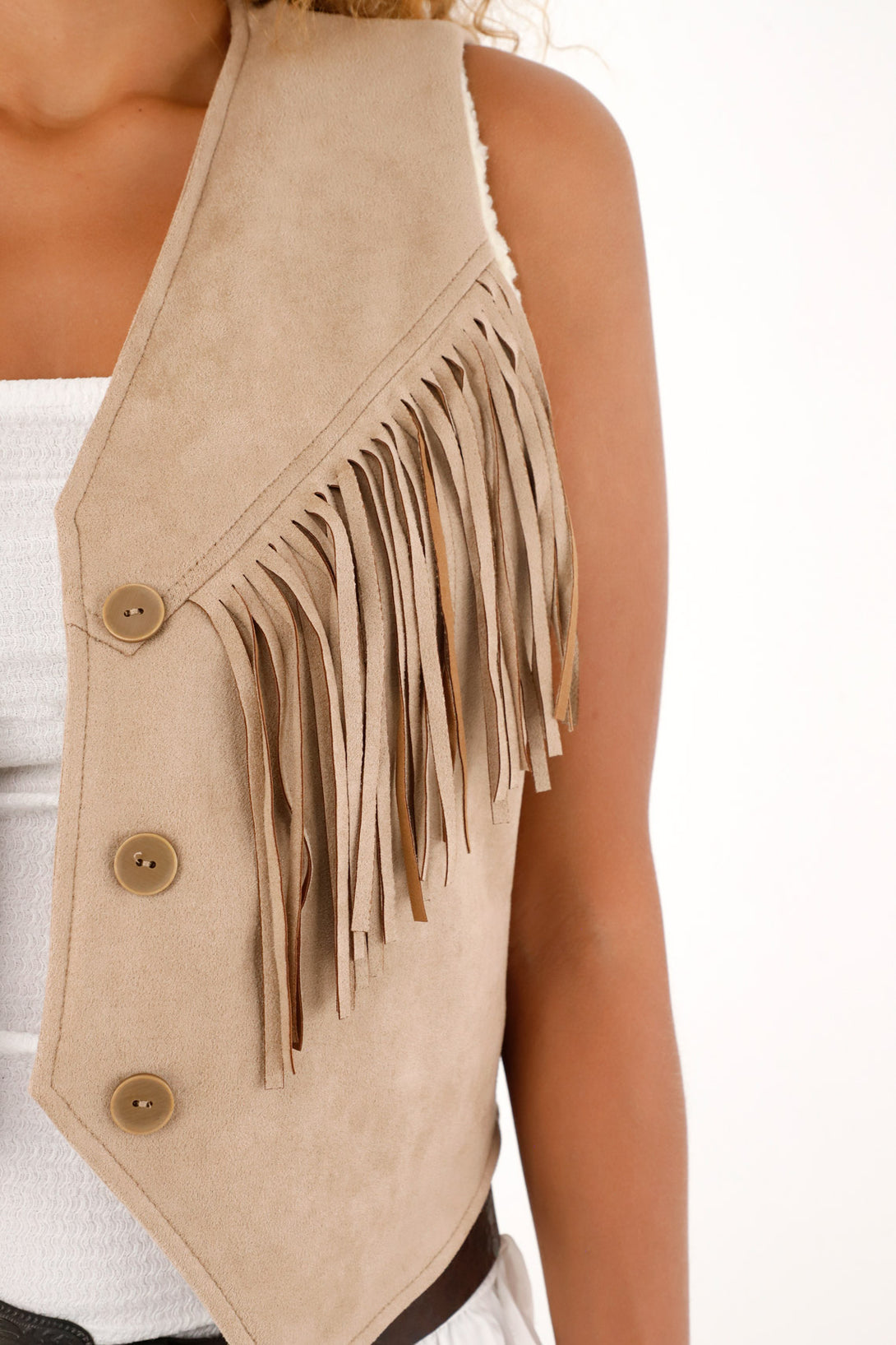 Women's suede vest with fringe and shearling