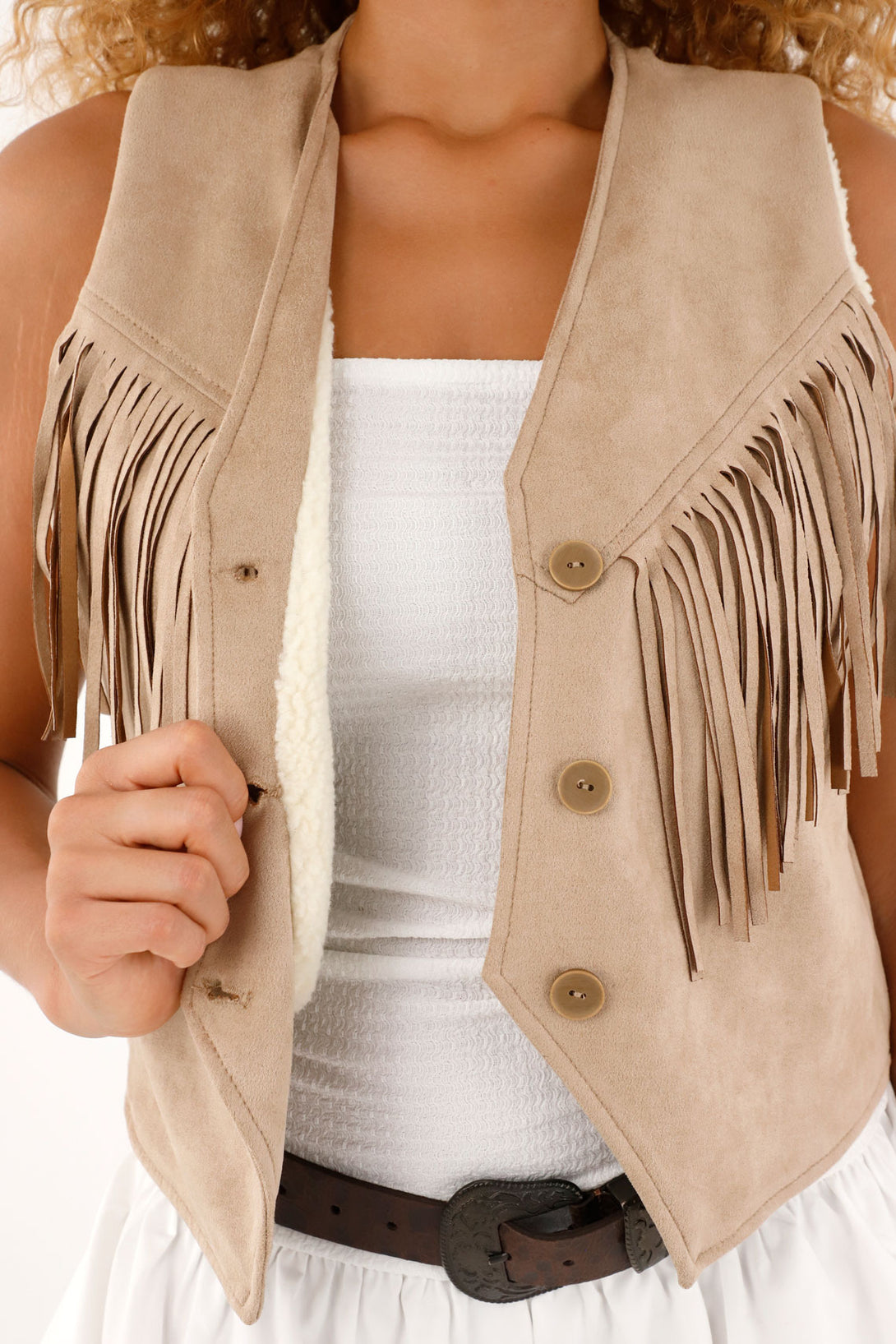 Women's suede vest with fringe and shearling