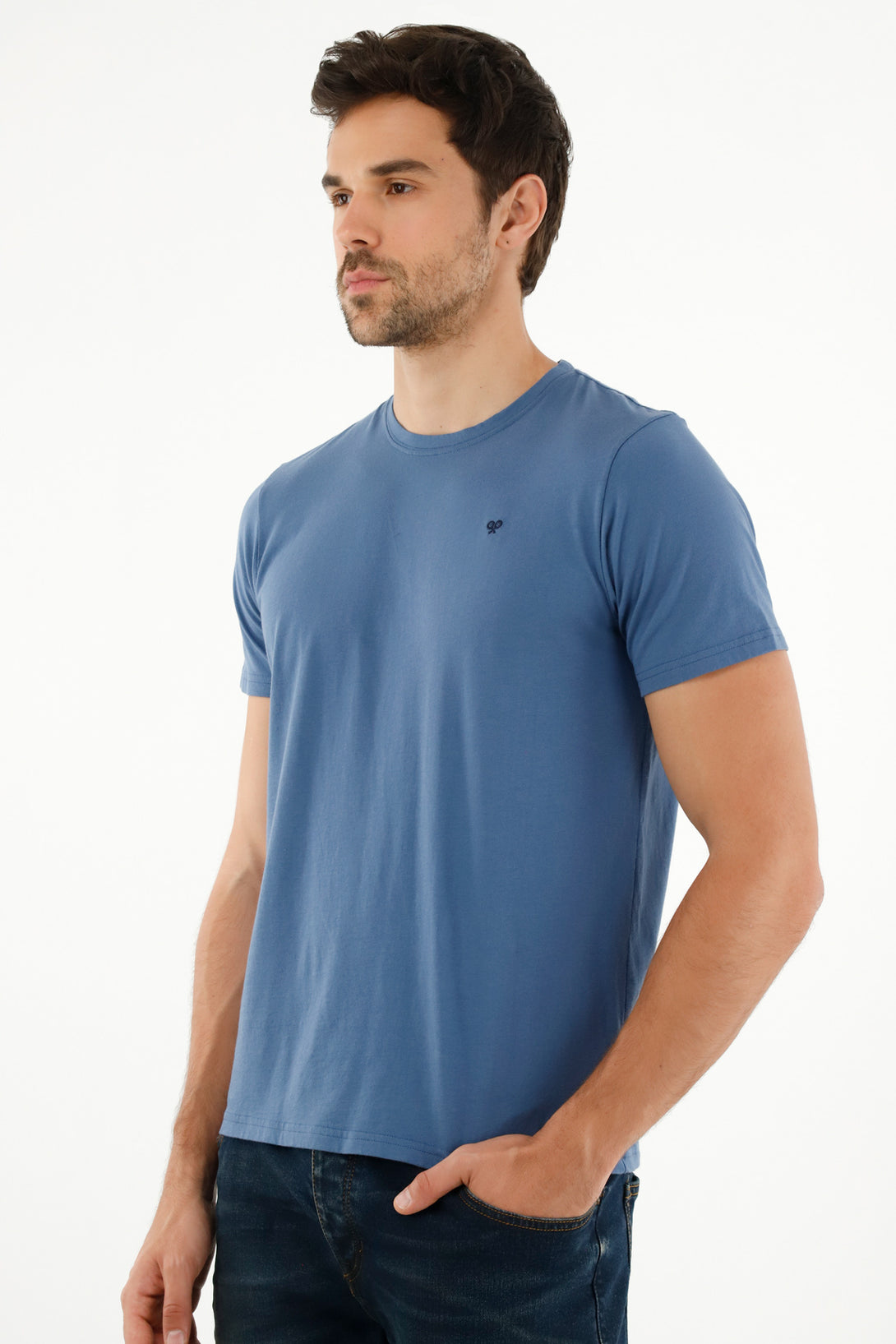 Camiseta azul con raqueta bordada para hombre