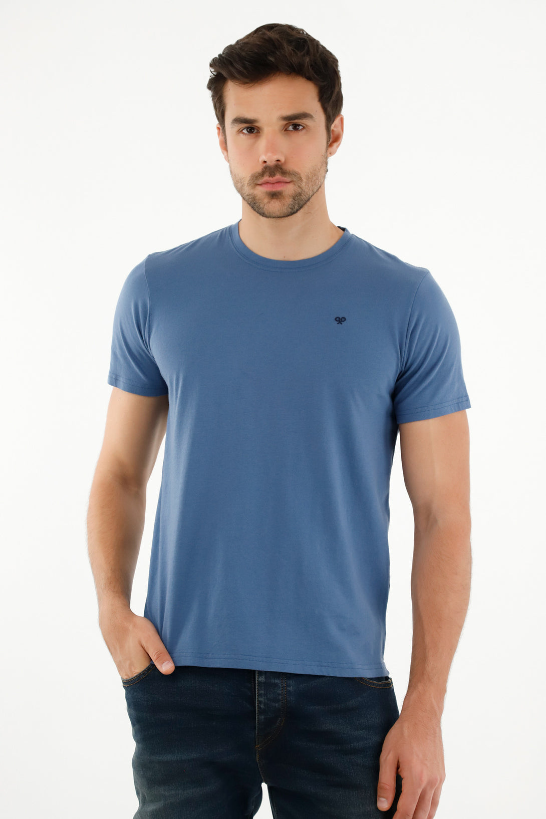 Camiseta azul con raqueta bordada para hombre