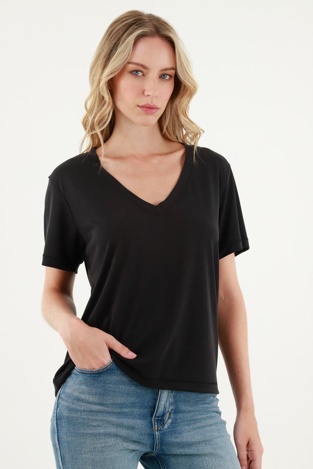 Women's Black Flowing Fabric T-Shirt