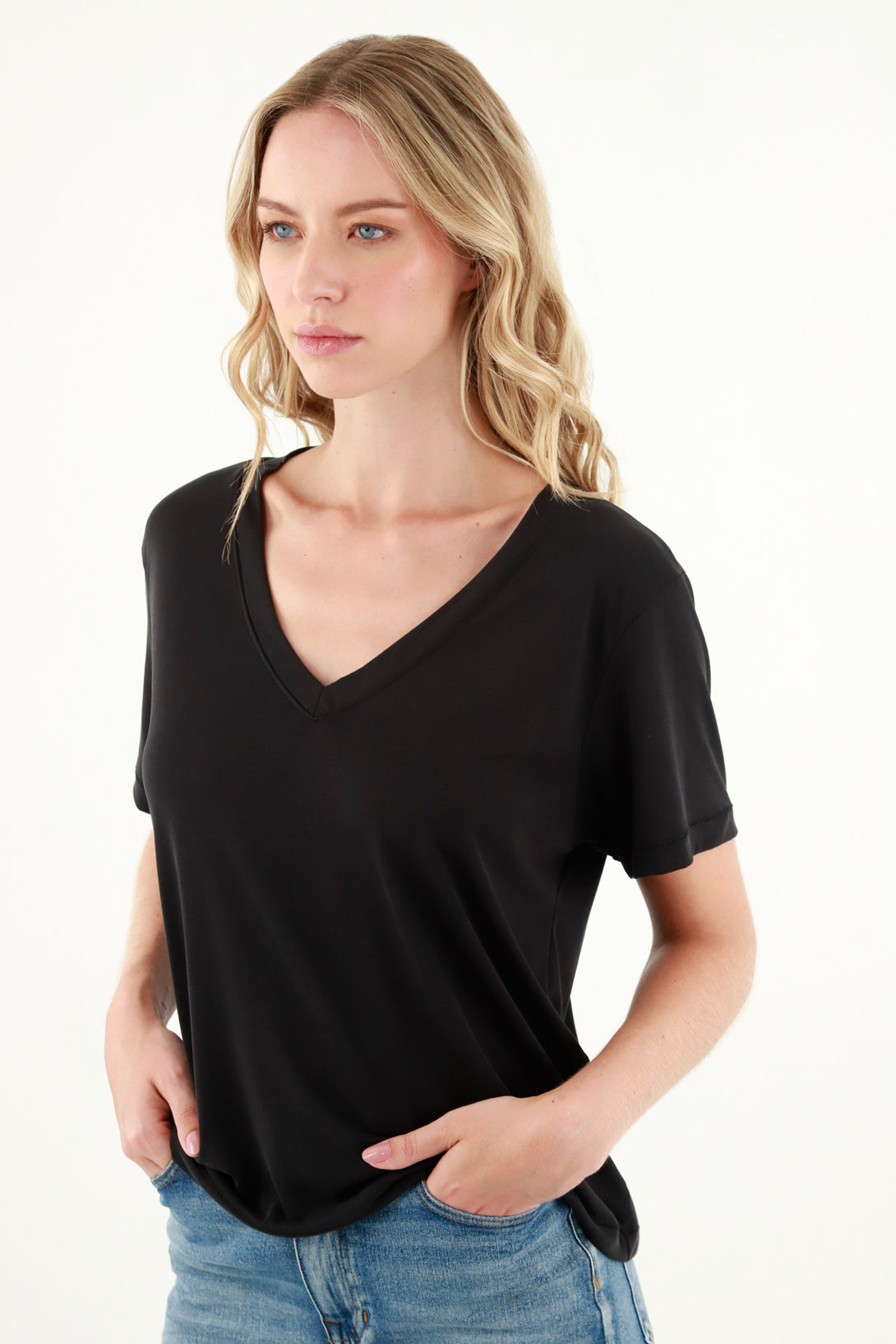 Women's Black Flowing Fabric T-Shirt