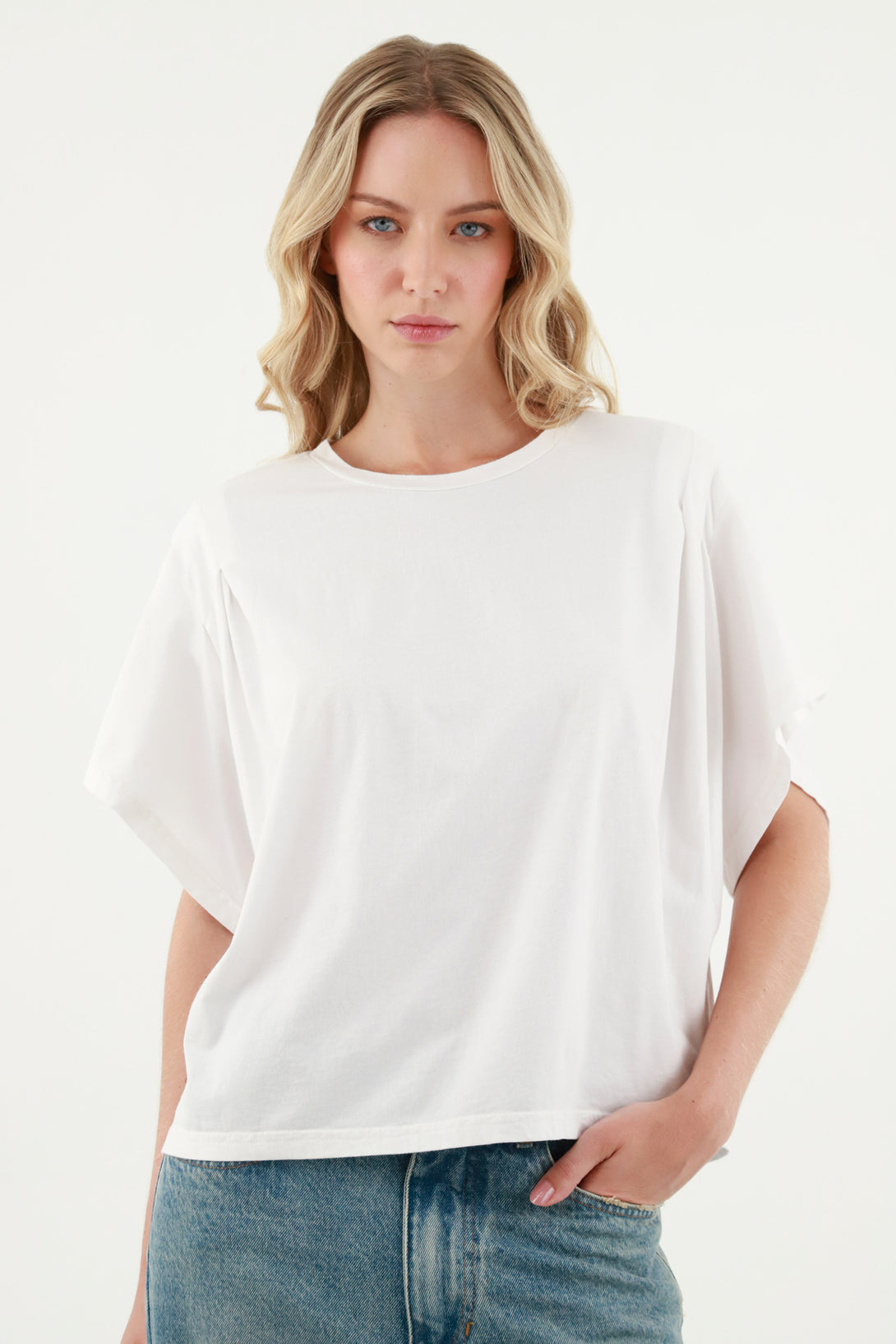 Women's White Decorative Pleats T-Shirt