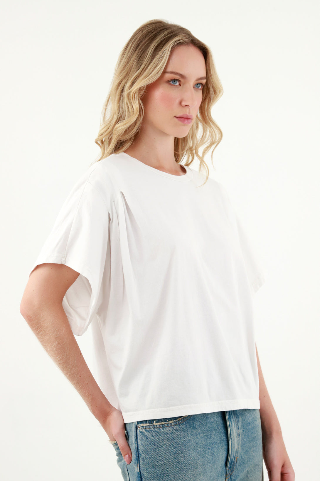 Women's White Decorative Pleats T-Shirt