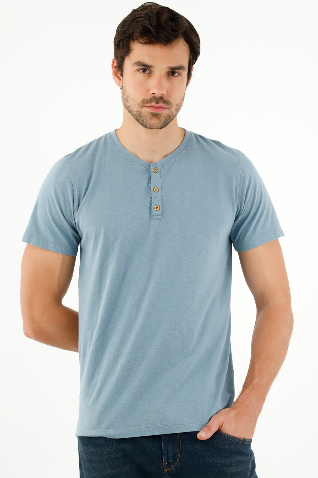 Camiseta cuello neru azul para hombre