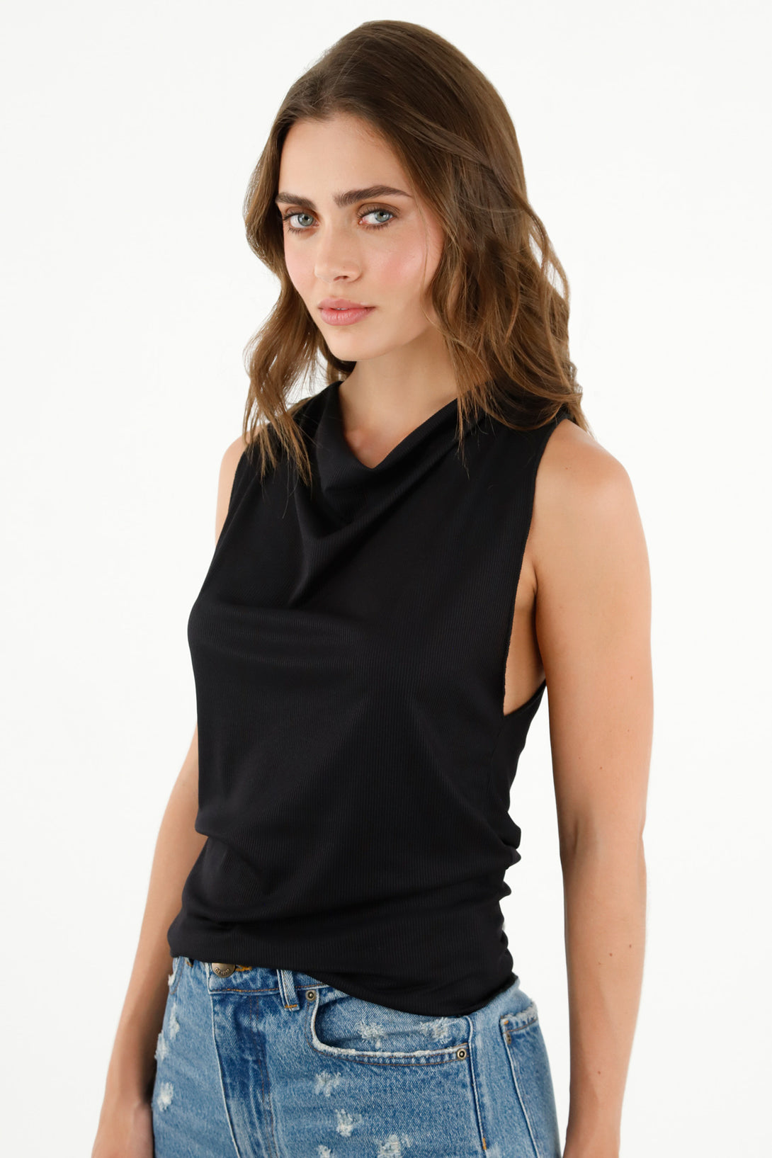 Women's Black Draped Neck T-Shirt