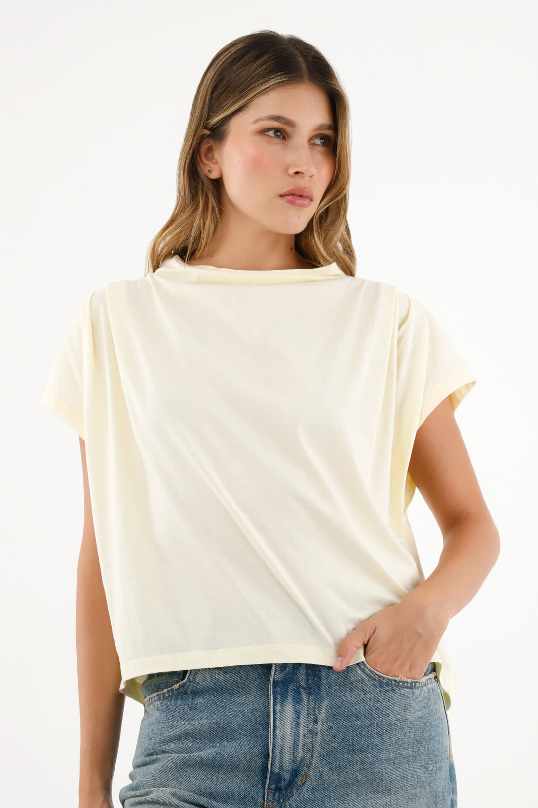 Women's Blue Draped Neck T-Shirt