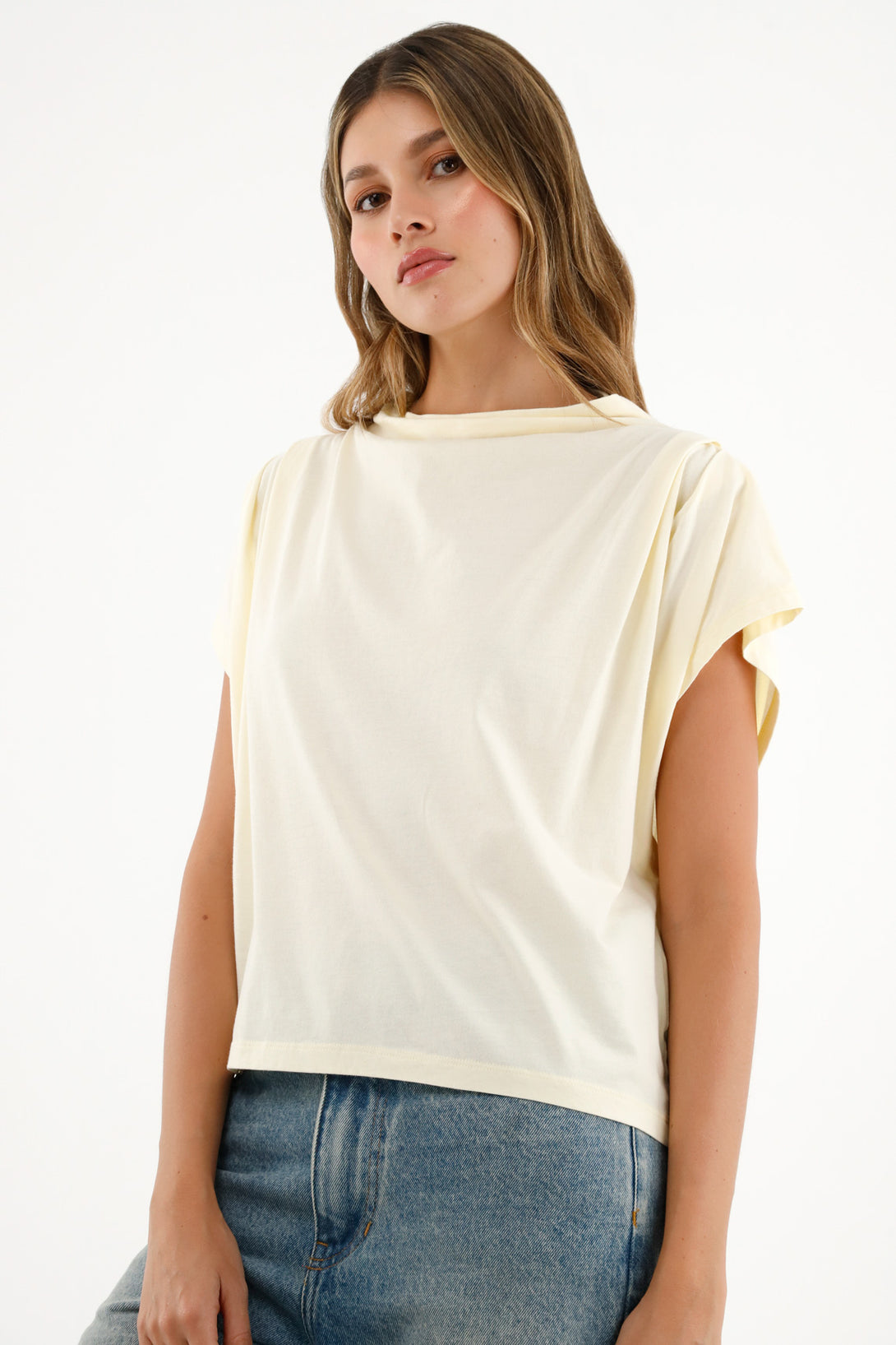 Women's Blue Draped Neck T-Shirt