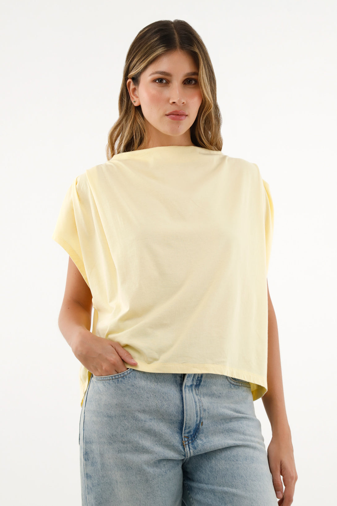 Women's Yellow Draped Neck T-Shirt