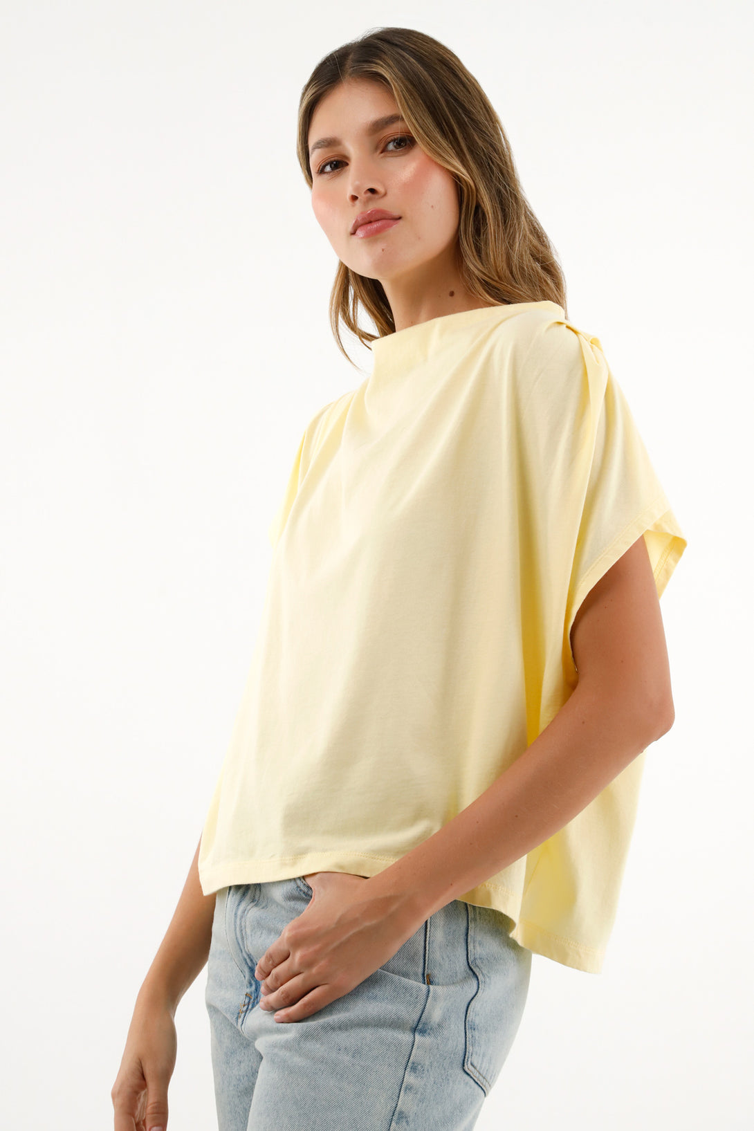 Women's Yellow Draped Neck T-Shirt