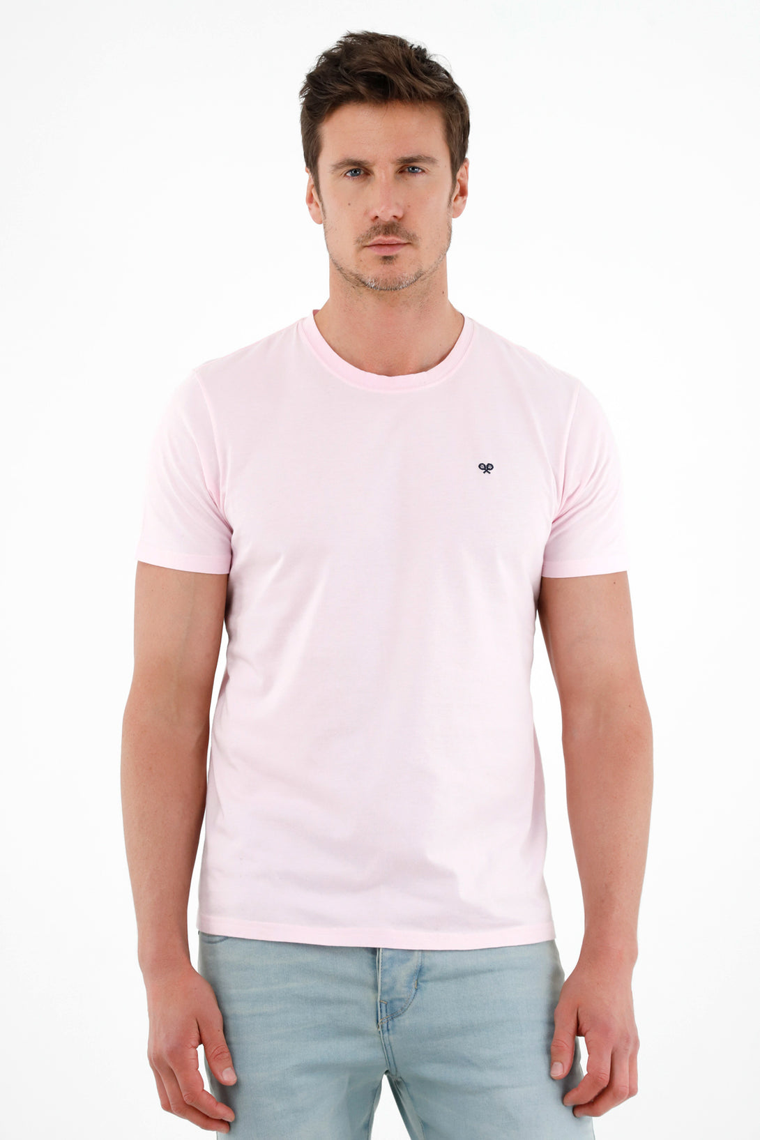 Men's Pink T-Shirt with Blue Embroidered Racket