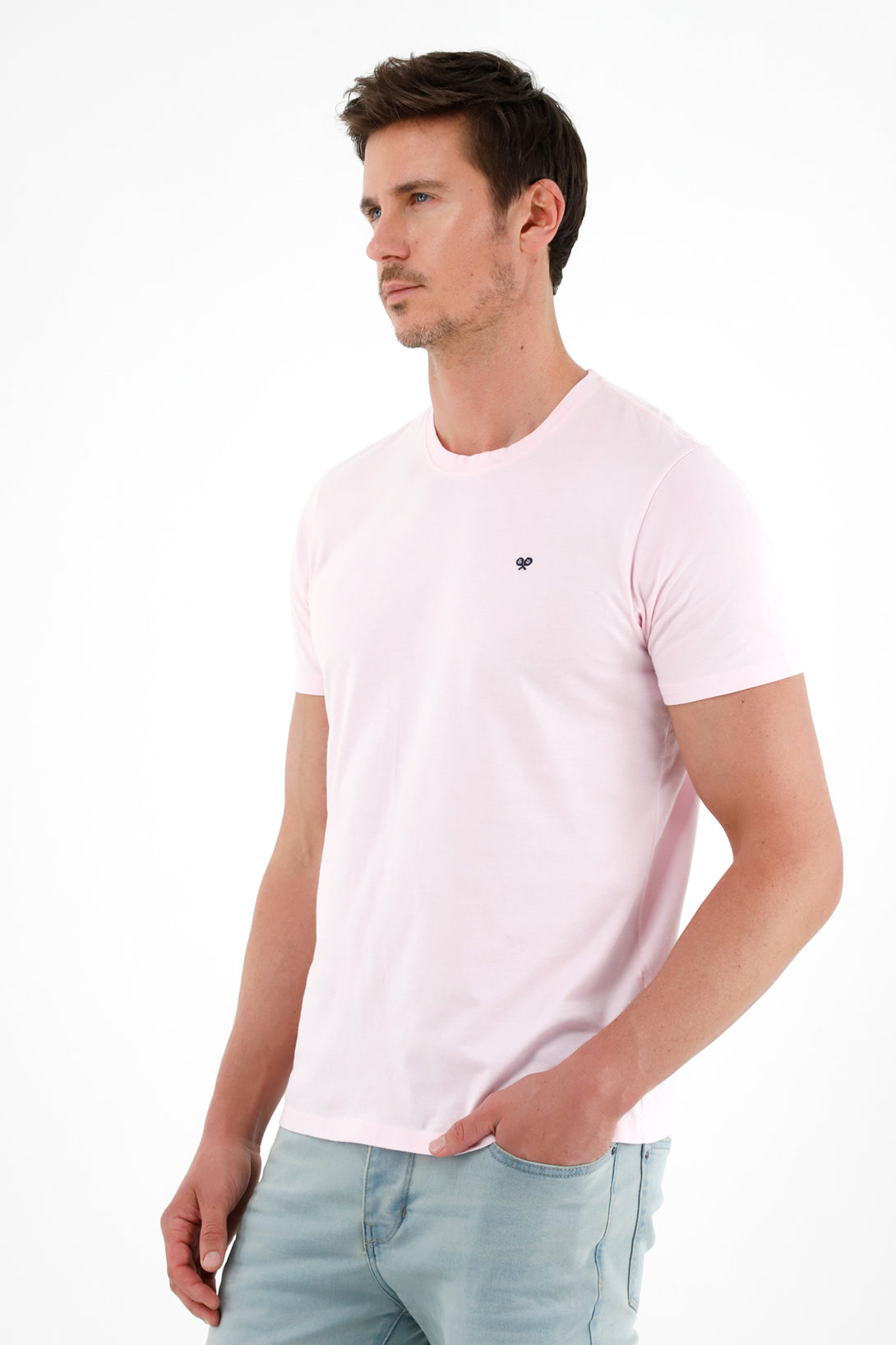 Men's Pink T-Shirt with Blue Embroidered Racket