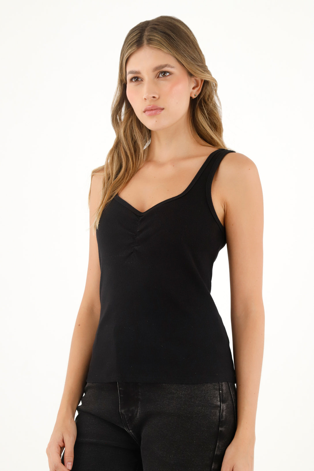 Women's Black Ruched-Neck T-Shirt