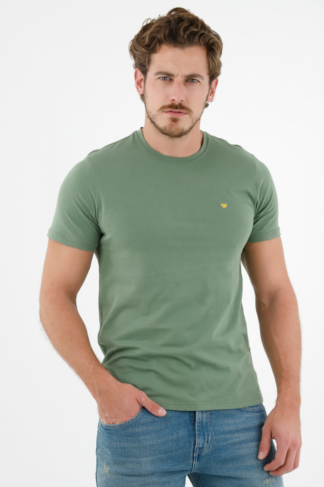 Camiseta verde estampada en espalda para hombre