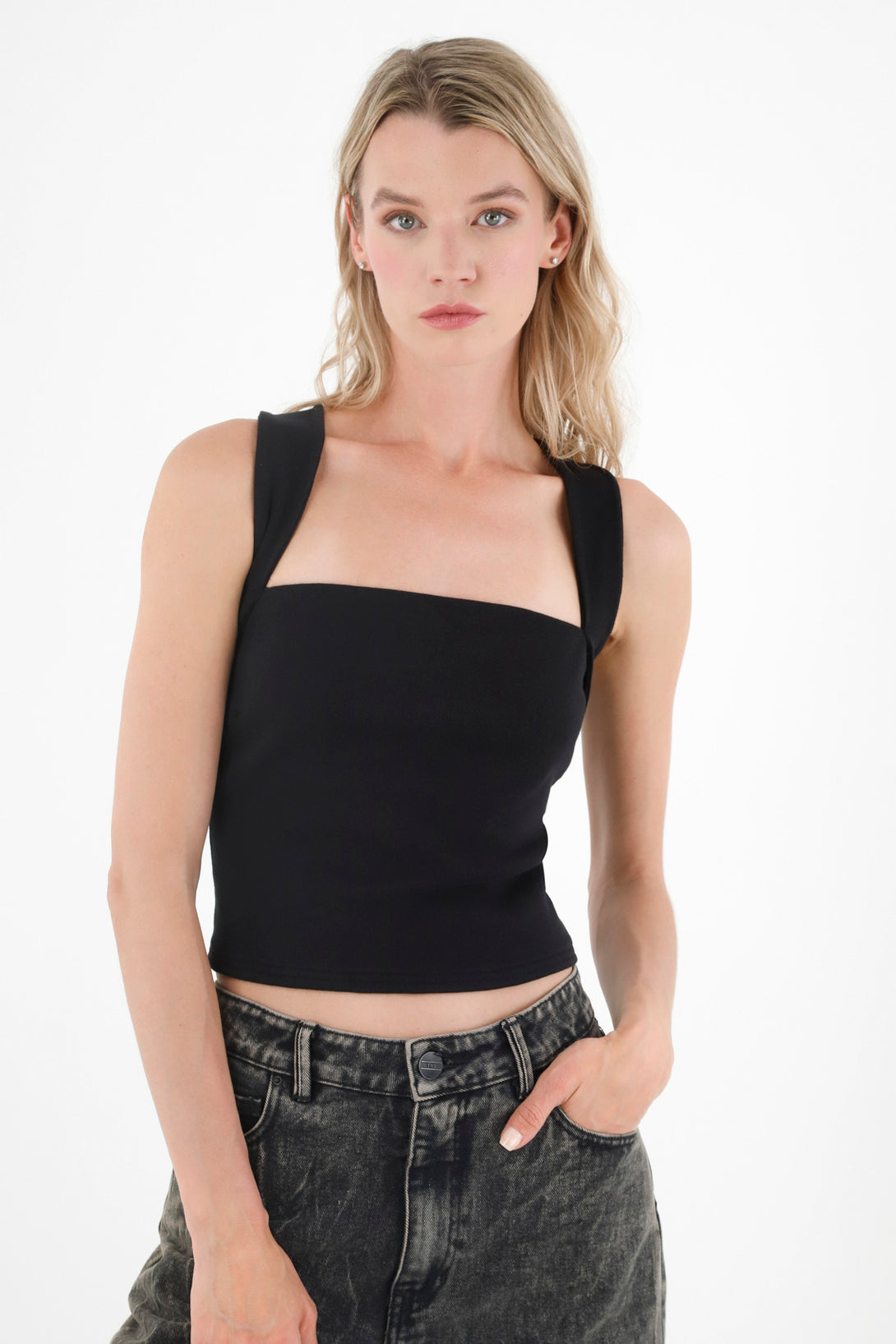 Women's Black Square Neck Top