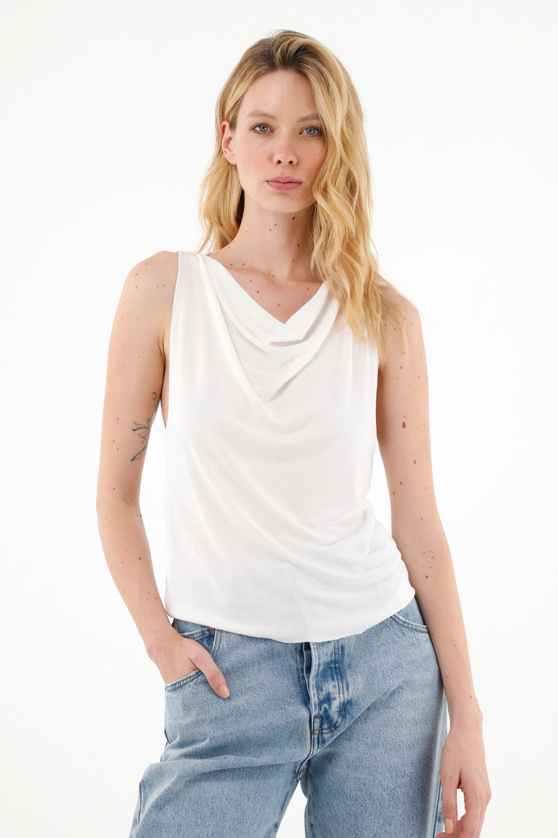 Women's Off-White Draped Neck T-Shirt