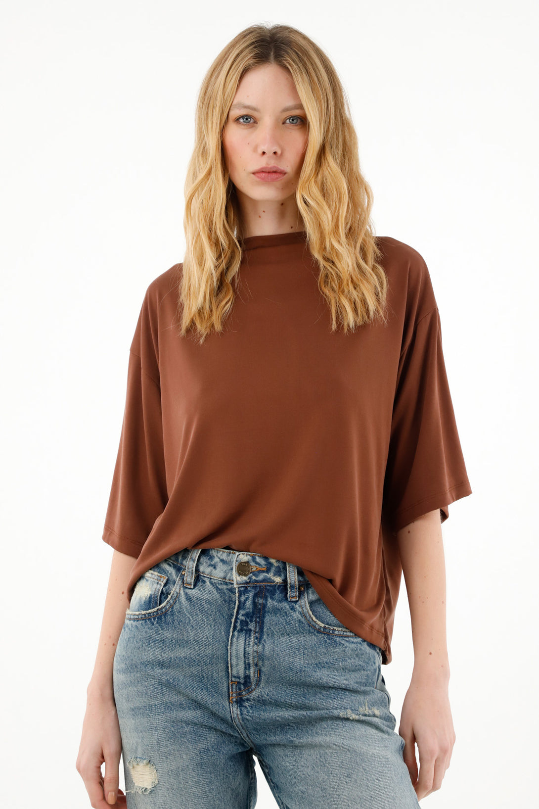 Women's Oversized Coffee Turtleneck T-Shirt