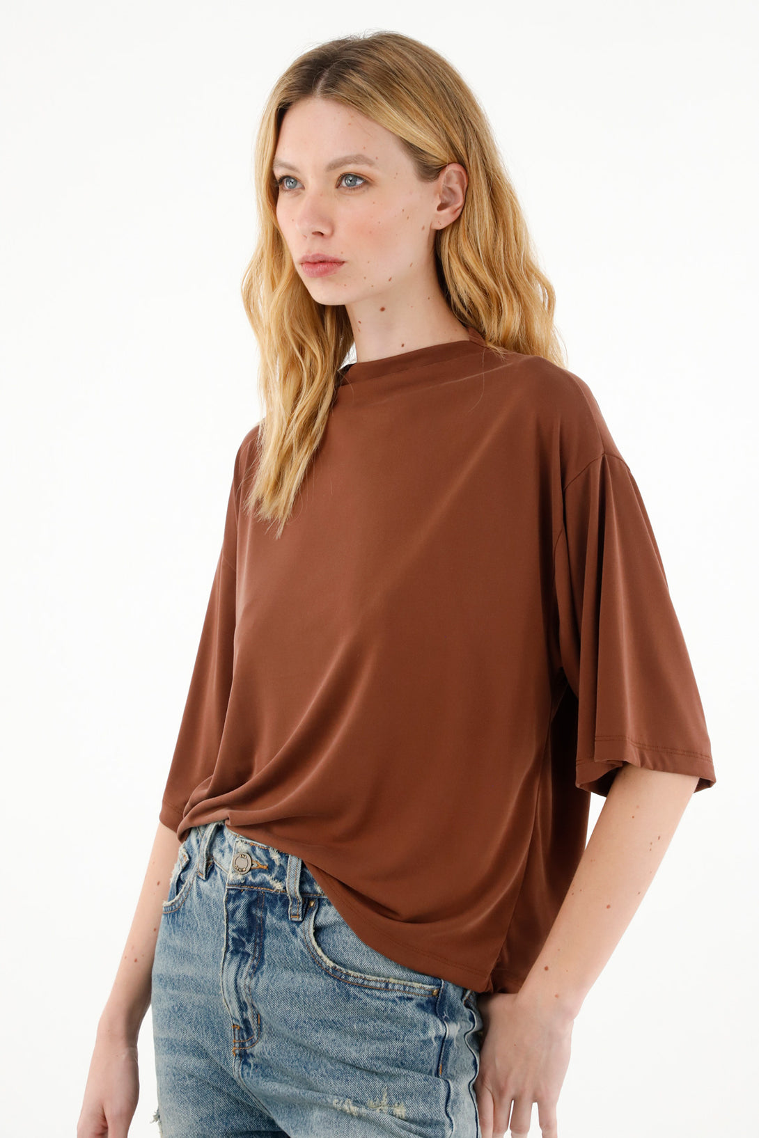 Women's Oversized Coffee Turtleneck T-Shirt