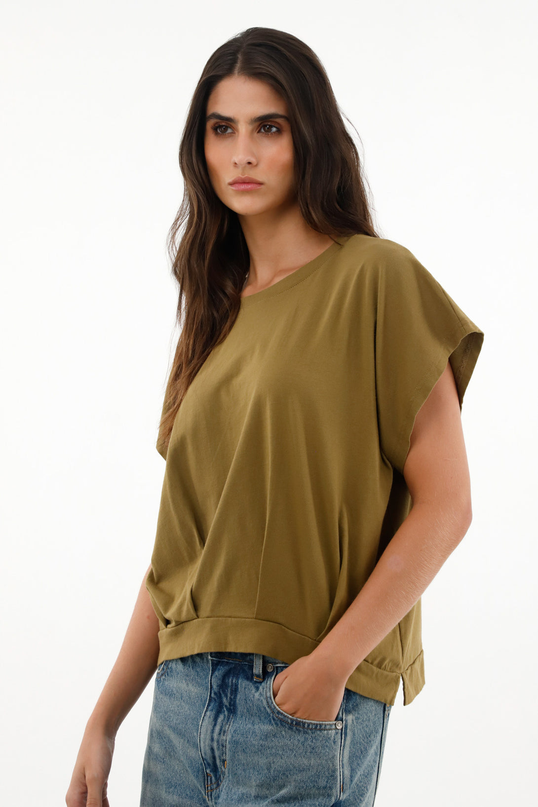 Women's green 100% cotton t-shirt with front ruching