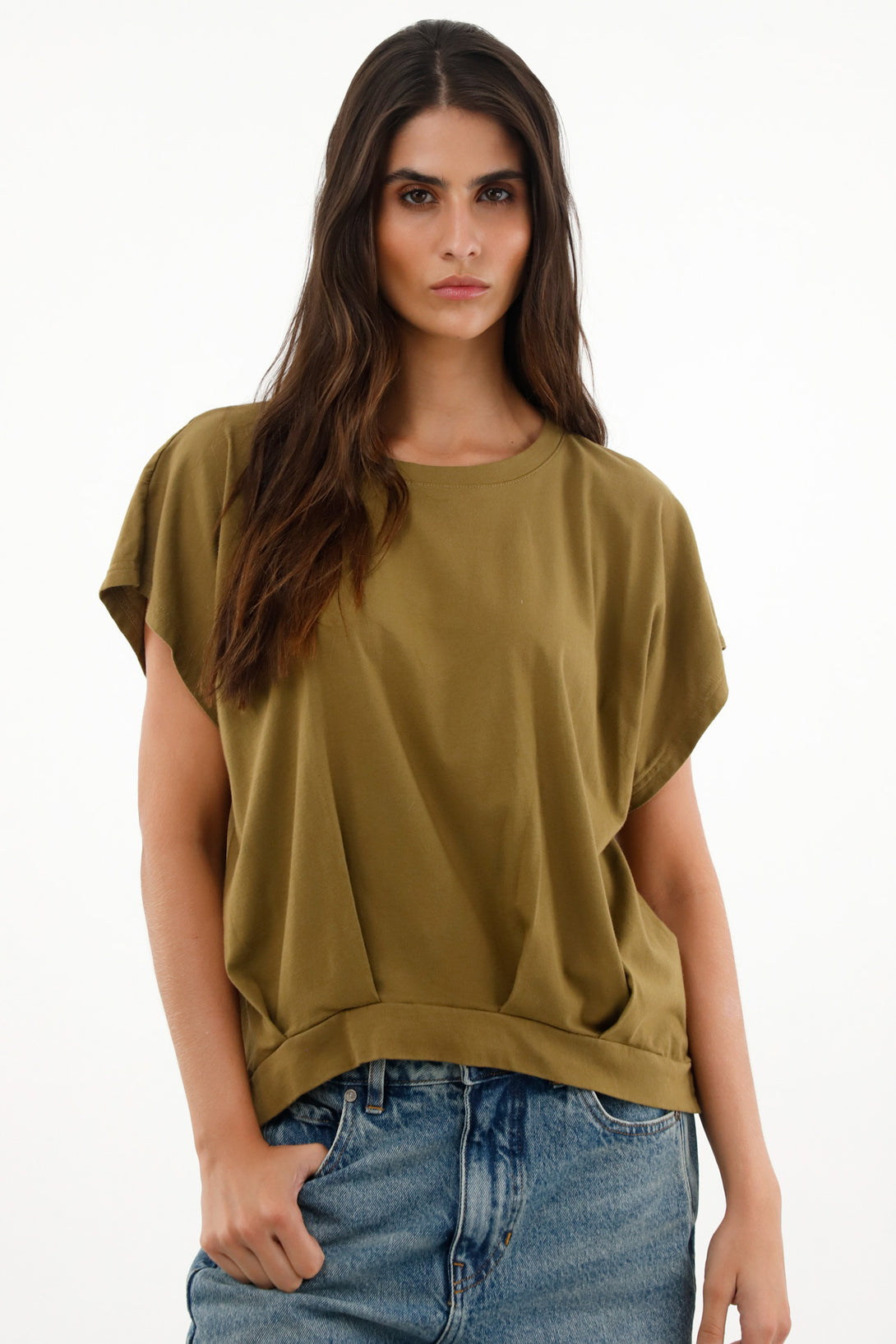 Women's green 100% cotton t-shirt with front ruching